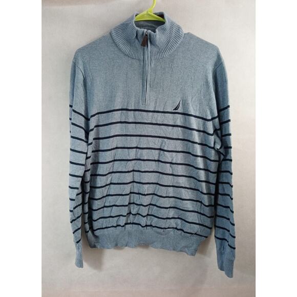 Nautica 1/4 Zip Pullover Sweater Gray Blue Striped Long Sleeve Men's Size M - Picture 1 of 7